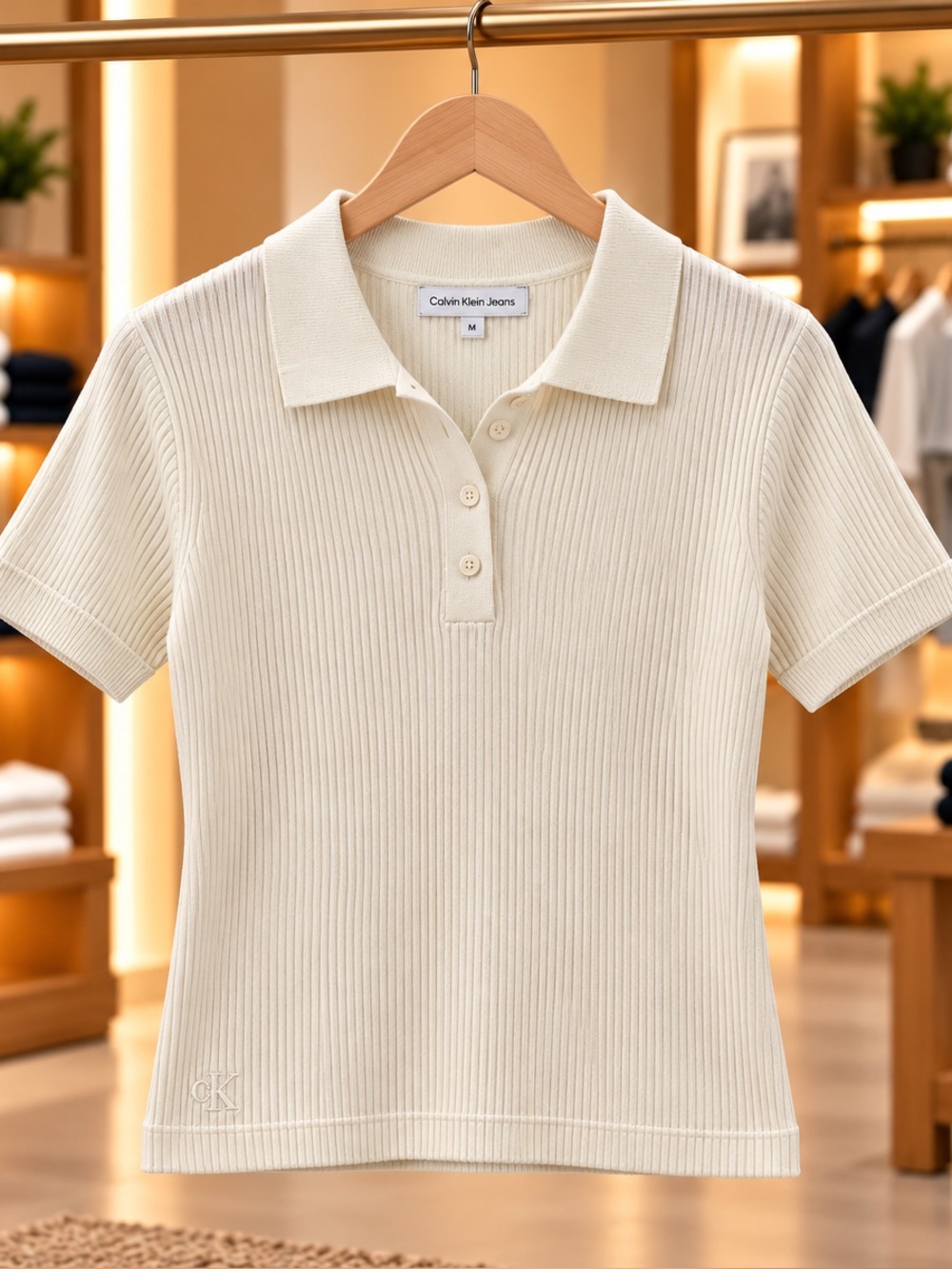 Calvin Klein Smooth Cotton Rib Polo Sweater Ribbed Short Sleeve Top in Cream